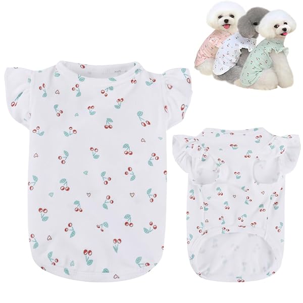 AmzBarley 犬 服 春 シャツ 可愛い さくらんぼ柄 フリル袖 ラウンドネック 犬服 洋服 小型犬 中型犬 服 春夏 柔らかい 通気性 伸縮性 軽量 ペット服 抜け毛防止 户外防虫 犬 春服 両足 おしゃれ 家着 お散歩 お出かけ