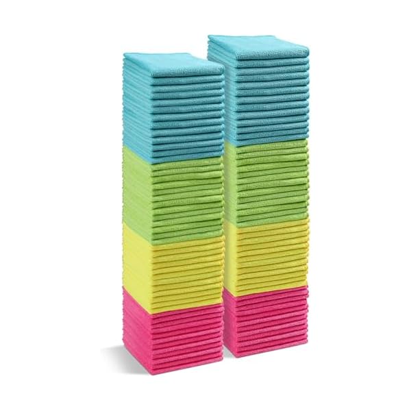HOMEXCEL マイクロファイバークロス 100枚 業務用タオル 薄手 マイクロファイバー車 ウエス ぞうきん キッチンクロスなど用 約29.21×29.21cm (マルチカラー) Green/Blue/Yellow/Pink