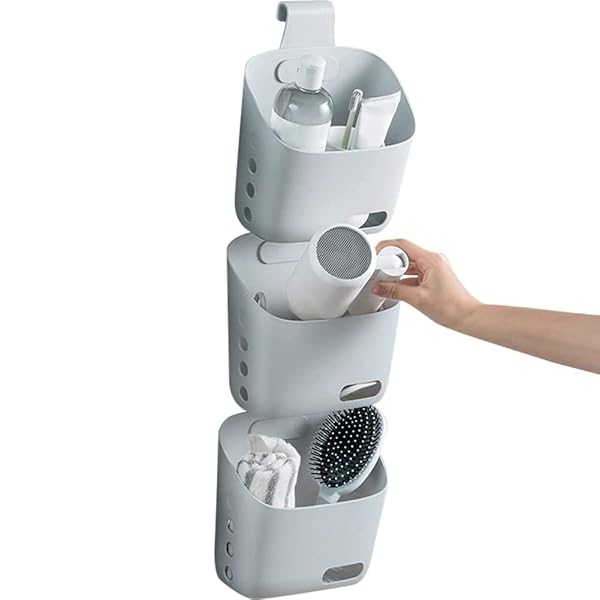 HIGHAWK 3個セット 吊り下げバスケット フック付き 浴室用ラック 収納かご 小物入れ 雑貨収納 お風呂 洗面所 キッチン クローゼット 車内 多用途（グレー L）