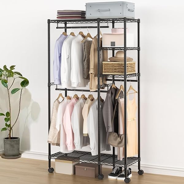BreeRainz ハンガーラック 洋服掛け 衣類収納 2段 大容量 耐荷重230kg スチール製 キャスター付き 高さ調節可能 組み立て簡単 幅86×奥行39...