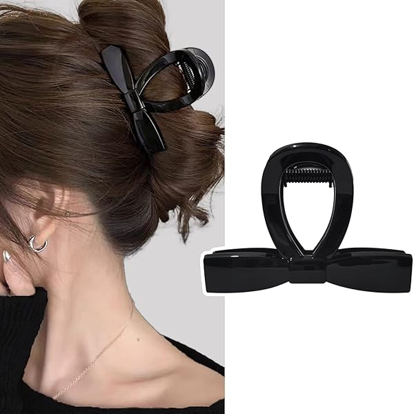 Fuyunohi ヘアクリップ 小さめ 髪留め クリップ しっかりとまる ヘアクリップ リボン 黒 8cm バンズクリップ リボン 髪クリップ ヘアアクセサリー 大人 おしゃれ 蝶 ブラック シンプル hair clip ハーフアップ 毛量多い 髪留