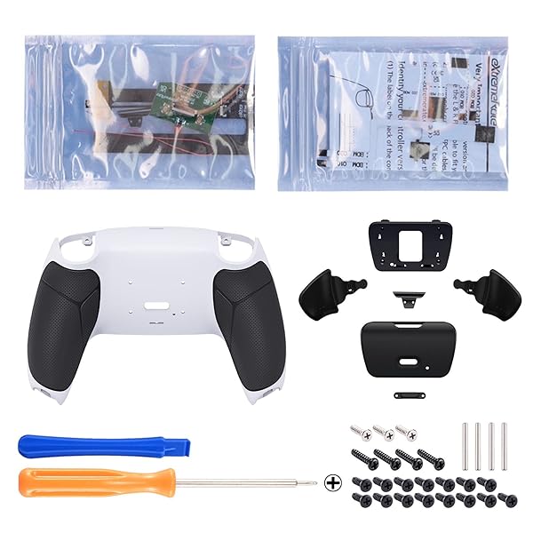 eXtremeRate ps5コントローラーBDM-010&BDM-020に対応用プログラムできる背面パドルプラスティック製ライズリマップキット、ps5コントローラーに対応用アップグレードボードと黒いラバー付き再設計された白いバックケース＆黒い背面ボ