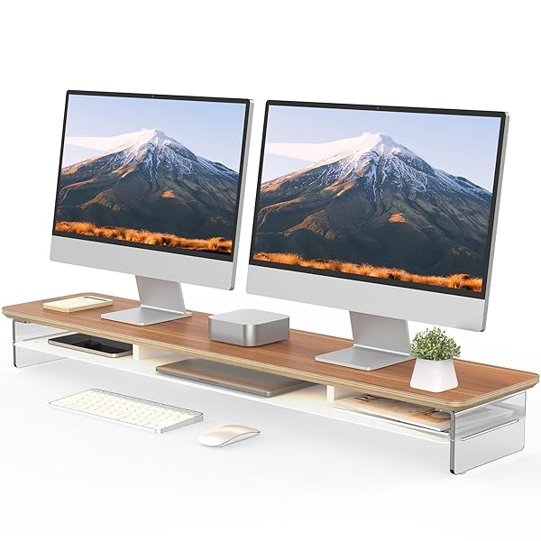 Fenge モニター台 無垢材 モニタースタンド 卓上 机上台 パソコン台 PC台 机上ラック 60cm横幅 2段 木製天板 アクリル製脚 デスクトップ用 机上 モニタースタンド 机上台 pcモニター台 パソコンラック (幅108cm)