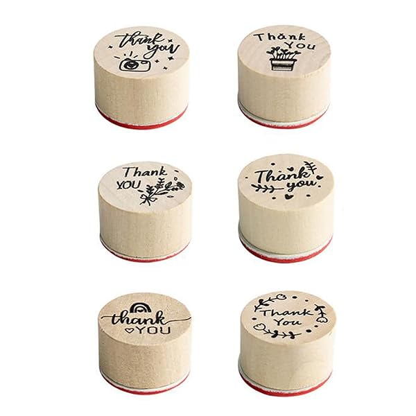 YFFSFDC スタンプ 6個セット 可愛い 木製 Thank You スタンプ DIY デコレーション グリーティングカード 手紙用 直径3cm 高さ2.1cm(3)