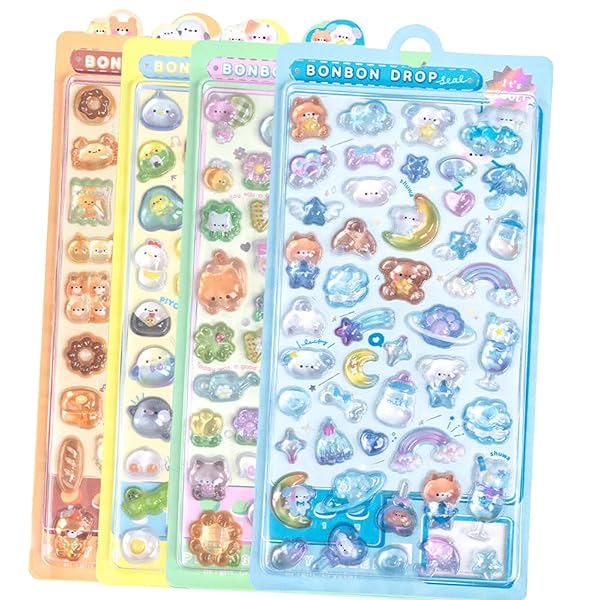 Mirhua 3Dぷっくりシール4枚セット 可愛い動物＆スイーツデザイン｜立体エンボスシー ごほうびシール キラキラな 女の子 デコシールル 女の子向け DIY手帳・スマホ・スクラップブック・工作に最適 子供向けギフトにも (オレンジ、イエロー、グリ