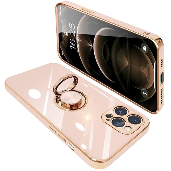 iPhone12 pro ケース リング付き アイフォン12pro リング カバー 耐衝撃 TPU メッキ加工 360°回転 スタンド機能 車載ホルダー ストラップホール付き 6.1インチ(ピンク)