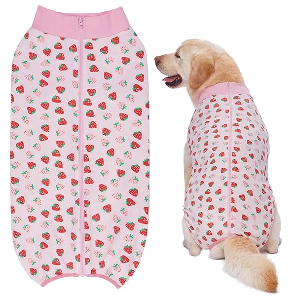 KUVEELA PET 大型犬 中型犬 術後服 メス オス 犬 手術後 服 犬用術後ウェア 介護服 ペット服 エリザベスカラー 避妊 離乳 傷口保護（（イチゴ柄）ピンク 3L）