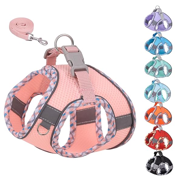 KUVEELA PET 小型犬 猫 中型犬 ハーネス リードセット 牽引ロープ 胸当て 胴輪 ドッグウエア 反射光ストリップ付き メッシュ おしゃれ 調節可能 お散歩 着脱簡単（ピンク XS）