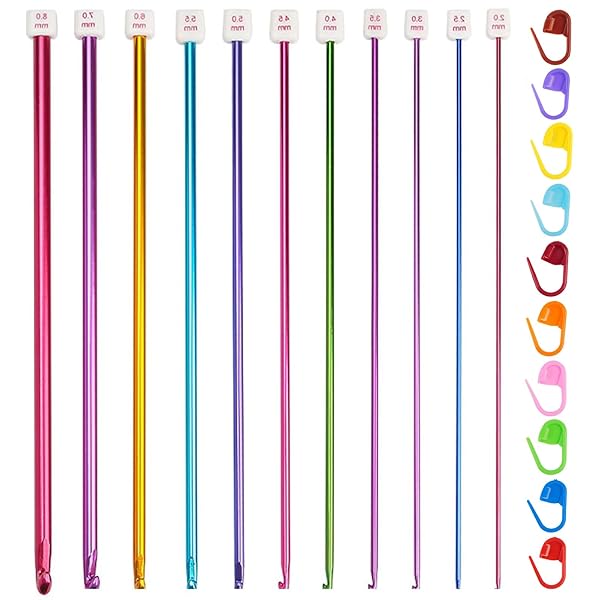 KDSSYFT アルミ編み針セット 2.0〜8.0mm 27cm かぎ針 アフガン針 レース針付き カラフル 段数マーカー付き 手編み用 編み棒 初心者 DIY プレゼントに最適 (21個入り)