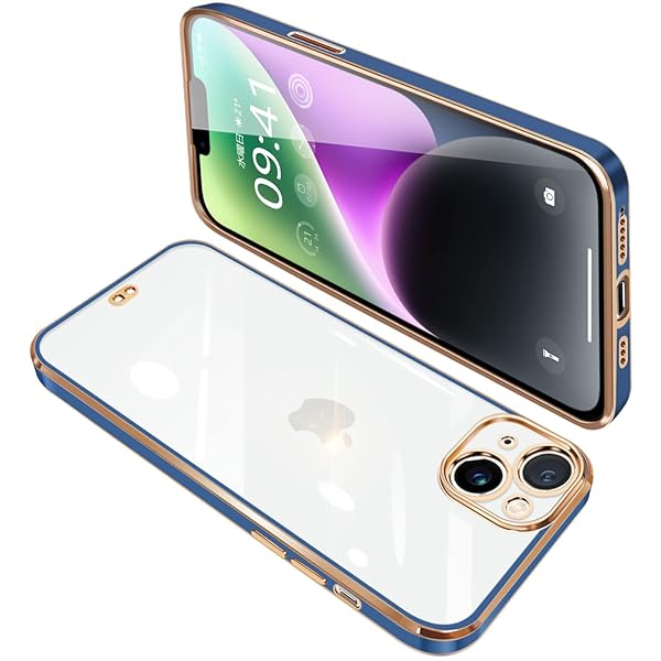 iPhone14 Plus ケース クリア 透明 アイフォン14Plus カバー スマホケース 全面保護 耐衝撃 TPU ソフト 薄型 メッキ加工 携帯ストラップ ストラップホール付き 落下防止(ブルー)