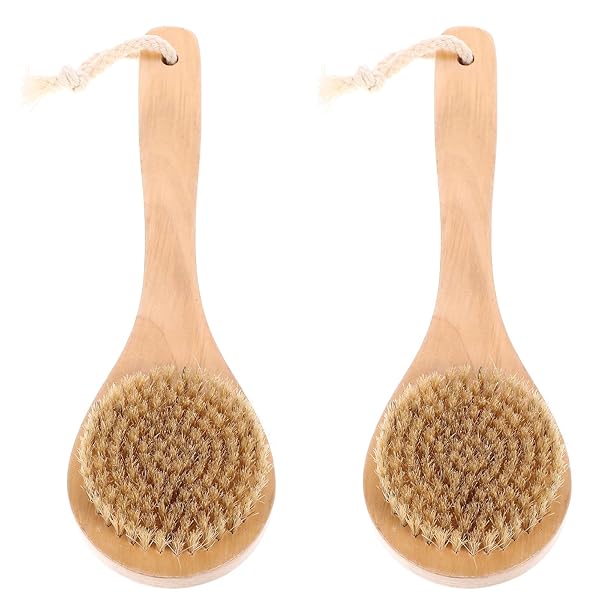 Frcolor 2個 ボディブラシ 豚毛 ブラシ ボディ ボディぶらし 背中 柔らかい 木製 直柄 美肌 お風呂用 身体洗い バスグッズ