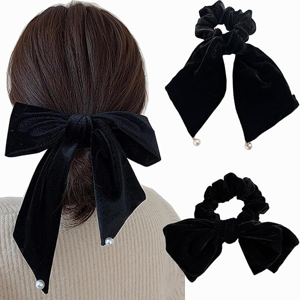 2個セット ベロア リボン シュシュ，BetterJonny ベロア リボン ベロアリボン 黒 リボンシュシュ リボン 髪飾り シュシュ 大人 パール ベロア ヘアアクセ バレッタ リボン 蝶々結び 黒 生地 少女 髪飾り