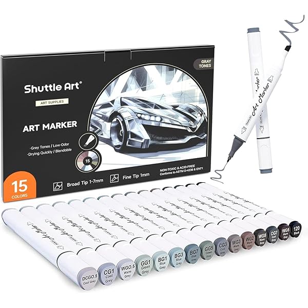 Shuttle Art イラストマーカーペン 油性ペン グレーカラー 15本セット アートマーカー 防水速乾 コミック用 スケッチ グラデーション 似顔絵 建築デザイン 工業デザイン