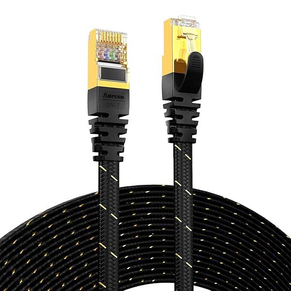 CAT7準拠STP 高速LANケーブル (1m) AMPCOM 10Gbps/600MHz RJ45 フラットインターネットケーブル 金メッキコネクタ(組紐) 高靭性ポリエステル採用 PVC被覆 爪折れ防止 黒 1M