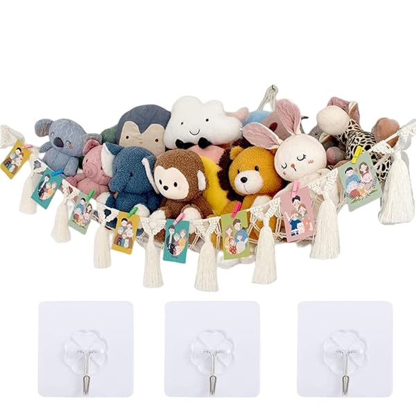 収納ハンモック ぬいぐるみ 収納 ハンモック 収納ネット ぬいぐるみ 収納 吊り下げ式 三角手編み綿ロープ コーナーネット 子供部屋収納 片付け 部屋 保育園 お風呂 室内用 取り付け簡単 3つの粘着フック付き