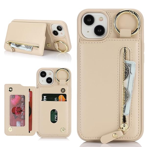 Havaya いphone14 ケース iphone13 ケース iphone13ケース カード収納 リング付き キーホルダー キーリング 米軍MIL規格 スタンド機能 耐衝撃 財布 フェイクレザー-アプリコット