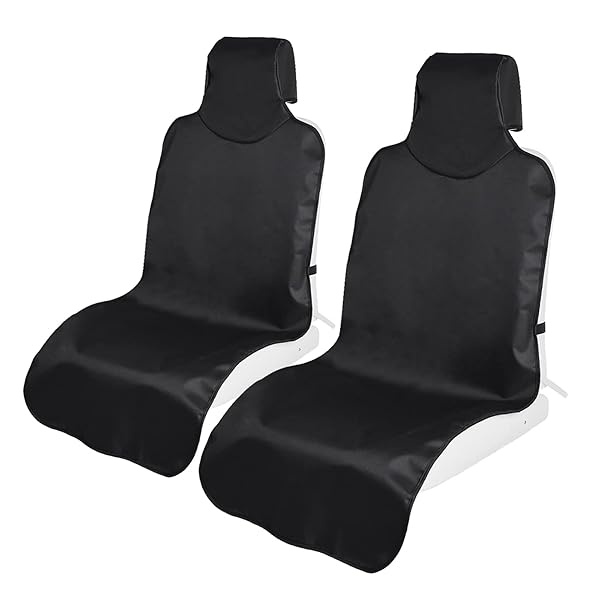 TanYooカーシートカバー 防水シートカバー 前席用 軽/普通車適用 ずれにくい ヘッドレスト部と座面部一体化 エプロンタイプ シート保護 バックル付き 継ぎ目強化改良 ブラック フロント 2枚 (2PCS)
