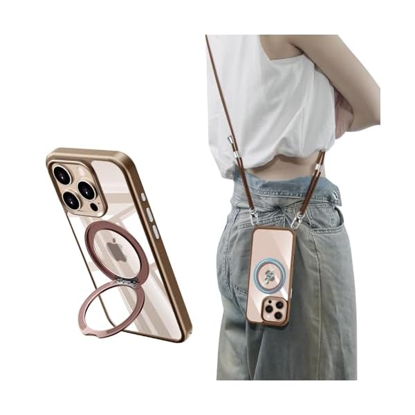 iPhone 16 Pro Max ケース クリア MagSafe対応 360度回転スタンド マグネット搭載 ワイアレス充電対応 iPhone16ProMax カバー ショルダー ネック ストラップ付き 長さ調整可能 アイフォン16ProMax ケー