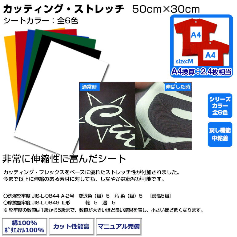 アイロンプリントシート カッティング・ストレッチ 50cm×30cm | アイロンシート 熱転写 ラバーシート カット カッティングマシン対応 自作 Tシャツ パーカー 布用 綿・ポリエステル対応 洗濯に強い