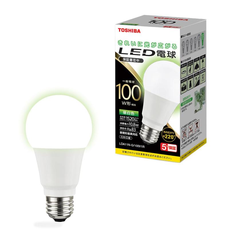 TOSHIBA(東芝) LED電球 E26 A形 100W相当 全方向 昼白色 1P 密閉器具対応 LDA11N-G/100V1R外径：60mm×全長:115mm全光束：1,520lm平均演色評価数：80Ra定格寿命：40,000 h密閉器具対応複数店舗にて販売をしておりますため、在庫データの更新が間に合わず、欠品にも関わらず、注文ができる場合がございます。その際は、キャンセルにて対応を取らせていただきます。当店はお電話のお問い合わせはお受けしておりませんので、ご了承ください。お問い合わせは、問い合わせフォームをご利用ください。