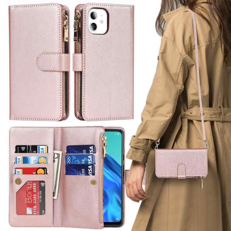 iCoverCase iPhone12 mini ケース 手帳型 ストラップホール付き カード収納 バッグ マグネット 留め具 肩がけ 首掛け 斜め掛け カードケース ファスナー型 ストラップ付き ピンク