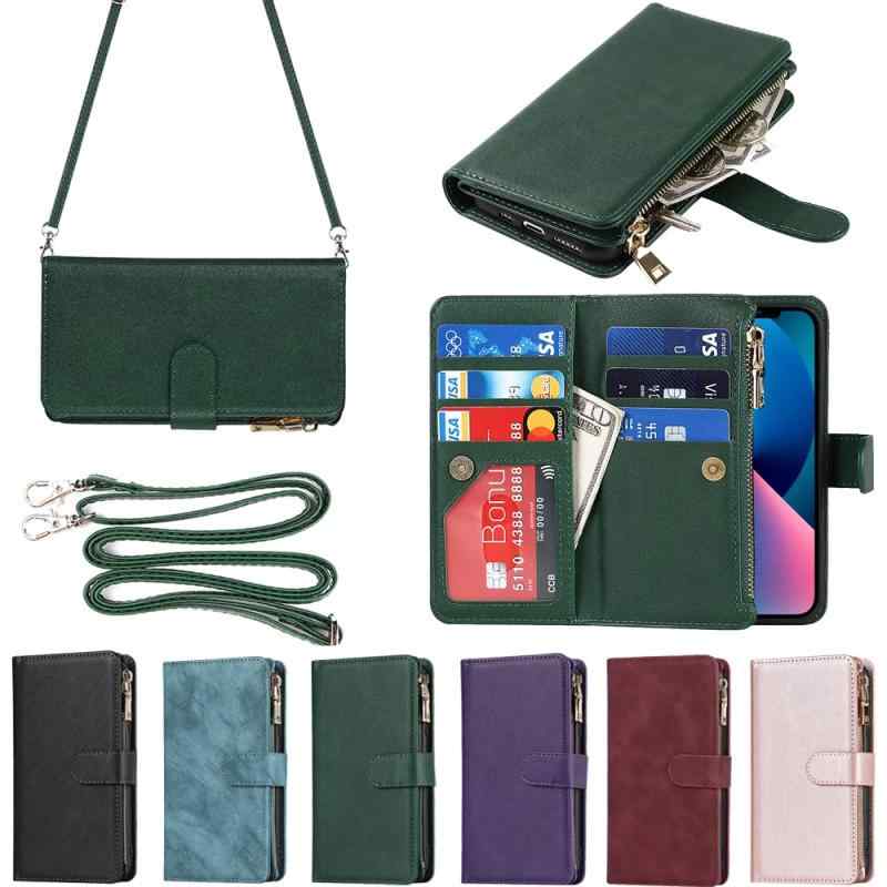 Eastwave for アイフォン 13 ケース for iPhone13 縄掛けケース 手帳型 財布型 ICカード コインポケット ストラップ付き カード 収納 小銭入れ ファスナーポケット付き PUレザー 6色 グリーン