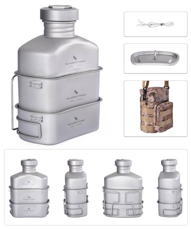 Boundless Voyage チタン ミリタリーキャンティーン チタンキャンティーン 飯ごう ハンゴウ兵式 クッカーセット メスキット (400ml+750ml+1100ml つや消し 3点セット Ti2049C) 2