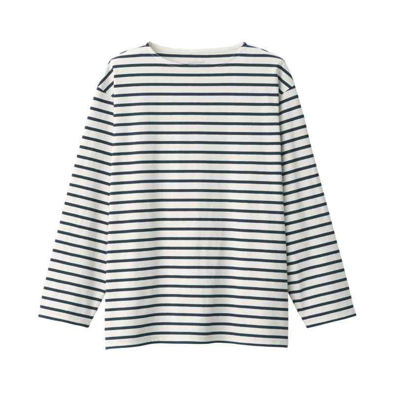 無印良品 紳士 洗いざらし太番手ボートネック九分袖Tシャツ メンズ AB1L6A4A オフ白ボーダー 紳士XS
