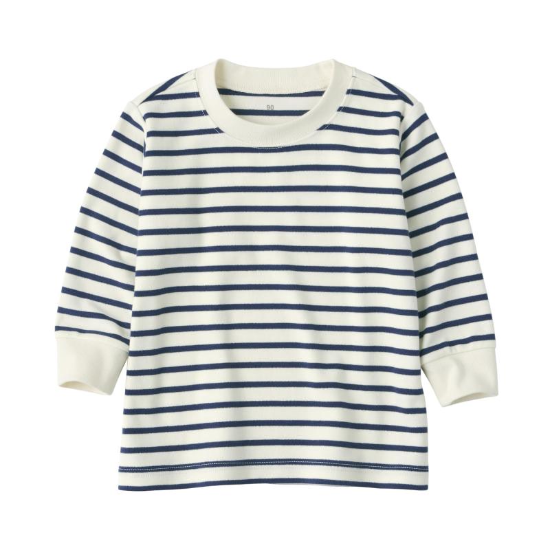 無印良品 ベビー あたまするっと起毛スムースクルーネック長袖Tシャツ ユニセックスベビー CC23SA4A ネイビーボーダー ベビー80