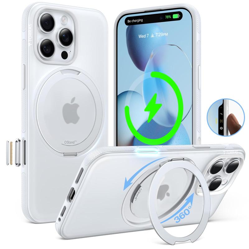 TORRAS iPhone 16 Pro 用 ケース【カチカチ・多機能360度回転スタンド】カメラコントロールボタン付き 縦横両対応 マグネット搭載 MagSafe対応 米軍MIL規格耐衝撃 リング 指紋防止 黄変防止 マグセ