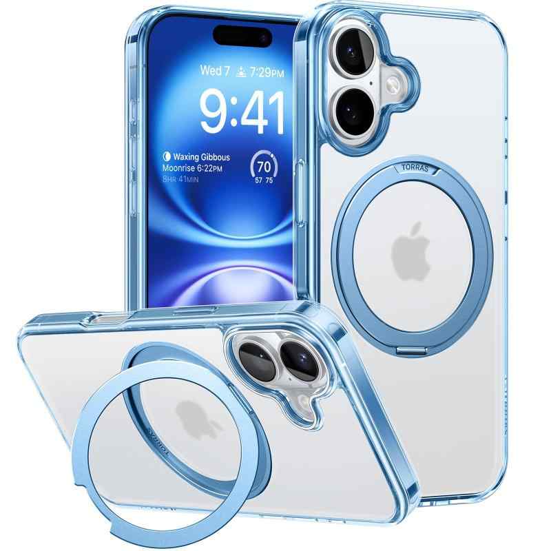 TORRAS iPhone 16用 ケース【多機能360°回転スタンド】MagSafe対応 丸型スタンド付き Halbachマグネット搭載 縦横両対応 米軍耐衝撃 半透明 リング ワイアレス充電対応 マット感 黄変防止