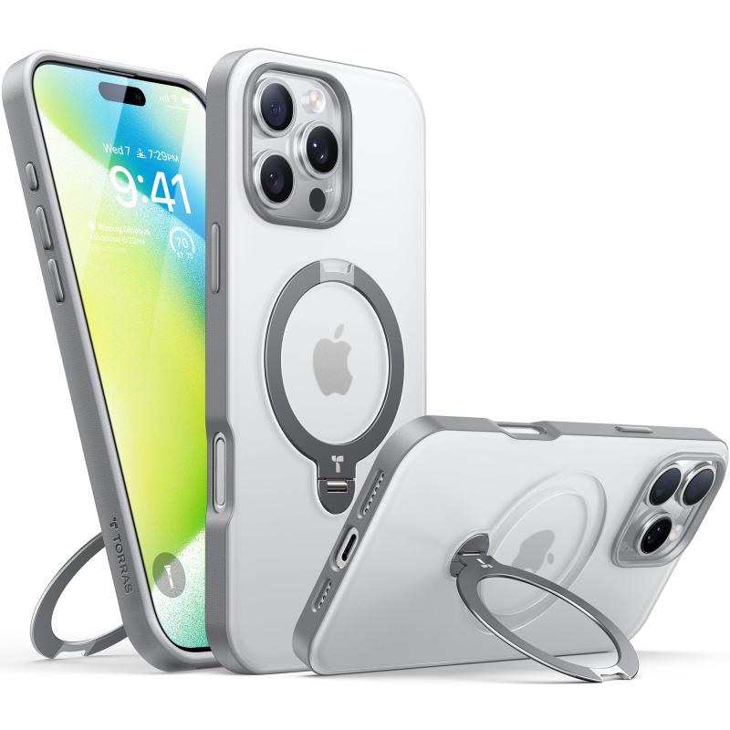 【チタングレー専用色・マット半透明】TORRAS iPhone 16 Pro Max 用 ケース ゼンマイ式スタンド 縦横両対応 リング マグネット搭載 MagSafe対応 ワイヤレス充電対応 米軍MIL規格耐衝撃 指紋防止 黄変