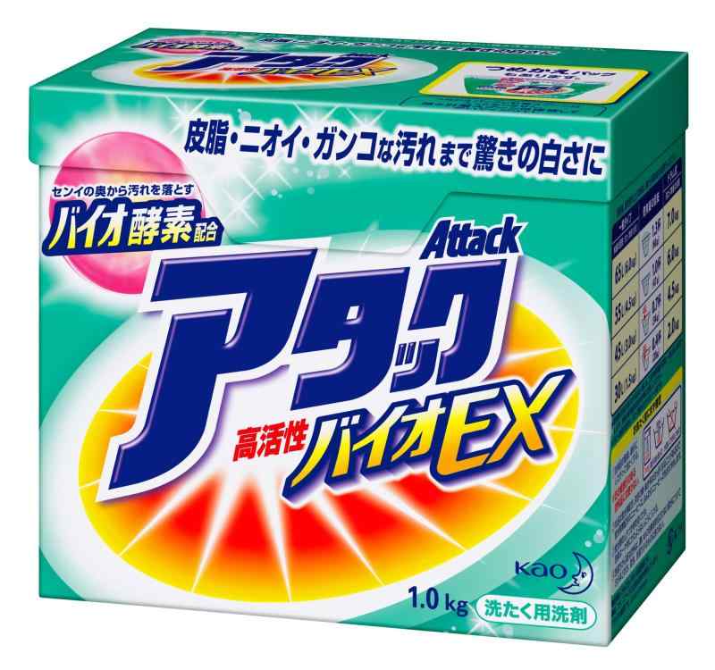 アタック 大 1kg高活性バイオ酵素が重なり合う衣類のすみずみまで浸透。ニオイ・くすみのない白さに。<b>原産国 :</b> 日本<b>商品サイズ (幅X奥行X高さ) :</b> 153x95x136mm<b>質量 :</b> 1100g複数店舗にて販売をしておりますため、在庫データの更新が間に合わず、欠品にも関わらず、注文ができる場合がございます。その際は、キャンセルにて対応を取らせていただきます。当店はお電話のお問い合わせはお受けしておりませんので、ご了承ください。お問い合わせは、問い合わせフォームをご利用ください。