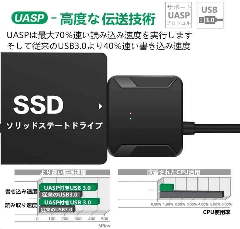 sata usb 変換ケーブル 3.5/2.5インチ SSD HDD SATA USB変換アダプター SATA3 USB3.0 変換ケーブル 電源アダプター付 Windows10/Mac OS 高速伝送 最大6TB UASP対応