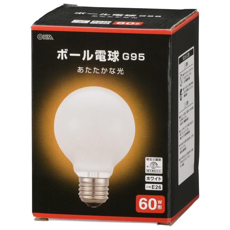 オーム電機 白熱電球 白熱ボール電球 E26 60W形 G95 調光機能対応 フィラメント エジソン電球 ホワイト LB-G9657K-WN 06-0874 OHM【 特 長 】　口金E26、消費電力60W、G95形の白熱ボール電球　ホワイト仕上げ　光源色は電球色　調光（明るさ調節）機能対応【 仕 様 】　寸法：外径95mm×全長130mm　質量：53g　定格消費電力：57W　定格入力電流：0.57A　全光束：700 lm　定格寿命：2000時間　エネルギー消費効率：12.2 lm/W 屋内用 交流 100V 50/60Hz 共用ご注意 紙や布でおおったり、燃えやすいものに近づけないでください。（火災や器具過熱の原因） 点灯中や消灯後しばらくは電球が熱いので絶対に手や肌などをふれないでください。（ヤケドの原因）複数店舗にて販売をしておりますため、在庫データの更新が間に合わず、欠品にも関わらず、注文ができる場合がございます。その際は、キャンセルにて対応を取らせていただきます。当店はお電話のお問い合わせはお受けしておりませんので、ご了承ください。お問い合わせは、問い合わせフォームをご利用ください。