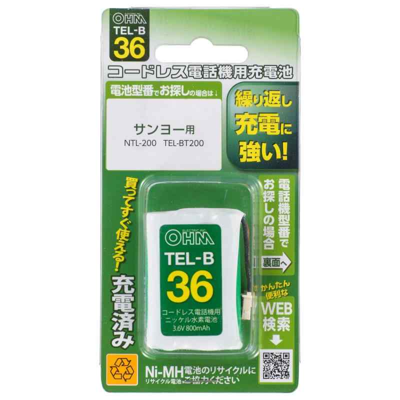 オーム(OHM) コードレス電話機用充電池 オーム電機 TEL-B36 05-0036【 特 長 】● コードレス電話機用の充電式ニッケル水素電池● 充電済みなので、買ってすぐに使えます● くり返し充電に強く、約1000回の使用が可能● 過電流が流れるのを防止する安全装置内蔵● 資源としてリサイクルできる環境にやさしい充電池です（有害物質のカドミウムを含んでおりません）【 仕 様 】 定格電圧：3.6V 定格容量：800mAh 使用温度範囲：機器使用…0℃～45℃、充電…10℃～35℃、保存…-20℃～35℃ 純正品型番：サンヨー…NTL-200、TEL-BT200 本製品は自然放電抑制処理を施してありますが、保管状態等によってはご使用前に充電が必要な場合があります複数店舗にて販売をしておりますため、在庫データの更新が間に合わず、欠品にも関わらず、注文ができる場合がございます。その際は、キャンセルにて対応を取らせていただきます。当店はお電話のお問い合わせはお受けしておりませんので、ご了承ください。お問い合わせは、問い合わせフォームをご利用ください。