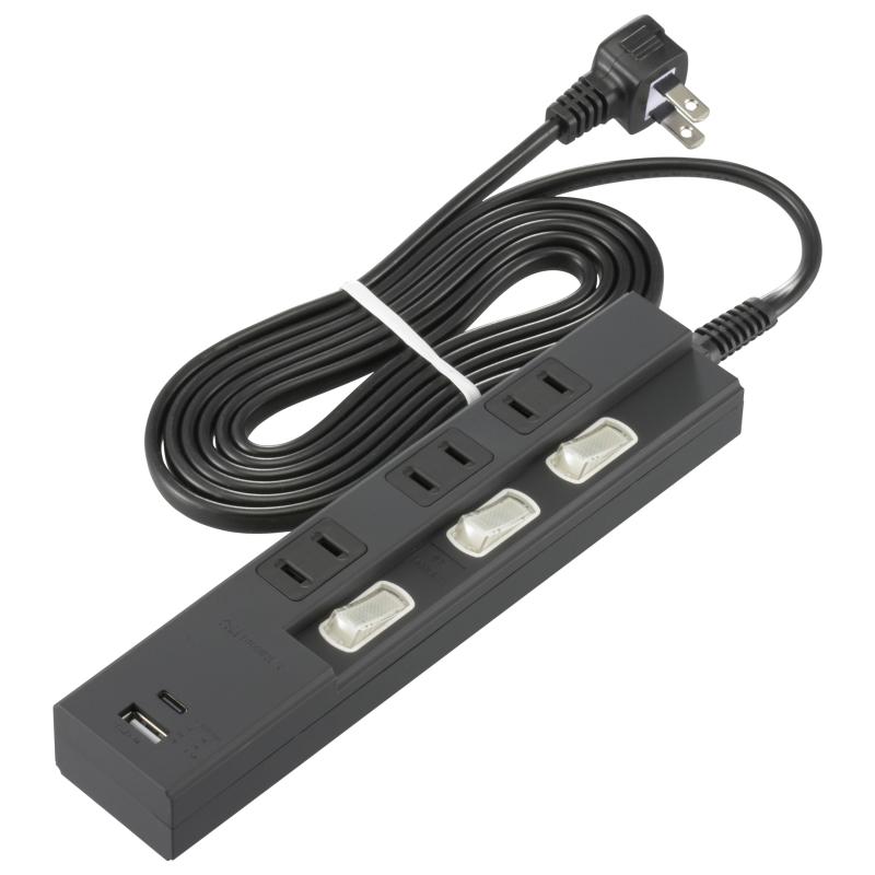 HITACHI - オーム電機 電源タップ 3個口 個別スイッチ付き PD対応Type-C/Type-Aポート付き 2m ブラック HS-TPU32PD23-K 00-1012 OHM