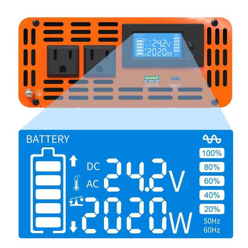 ぴっぴストア 楽天市場店のDATOUBOSS インバーター 正弦波 24V 2000W 純正弦波 インバーター DC 24VをAC 100Vに変換 3口出力ソケット×2、USBソケット×1、Type-C×1 カーインバーター, 最大4000W LCD液晶ディスプレイ リモコン付き｜アングル3