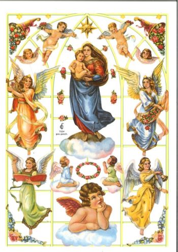 ドイツ製 クロモス☆Madonna mit Jesuskind☆マリア キリスト 天使 花 クリスマスデコパージュ コラージュ スクラップピクチャー ダイカット エンボス アンティーク