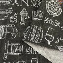 ヨーロッパ輸入生地 コットンプリント生地☆ブラックボード風 イラスト メンズ 電車 食べ物 チョーク☆1枚(約48cmx77cm)【メール便発送可】オシャレなカ...