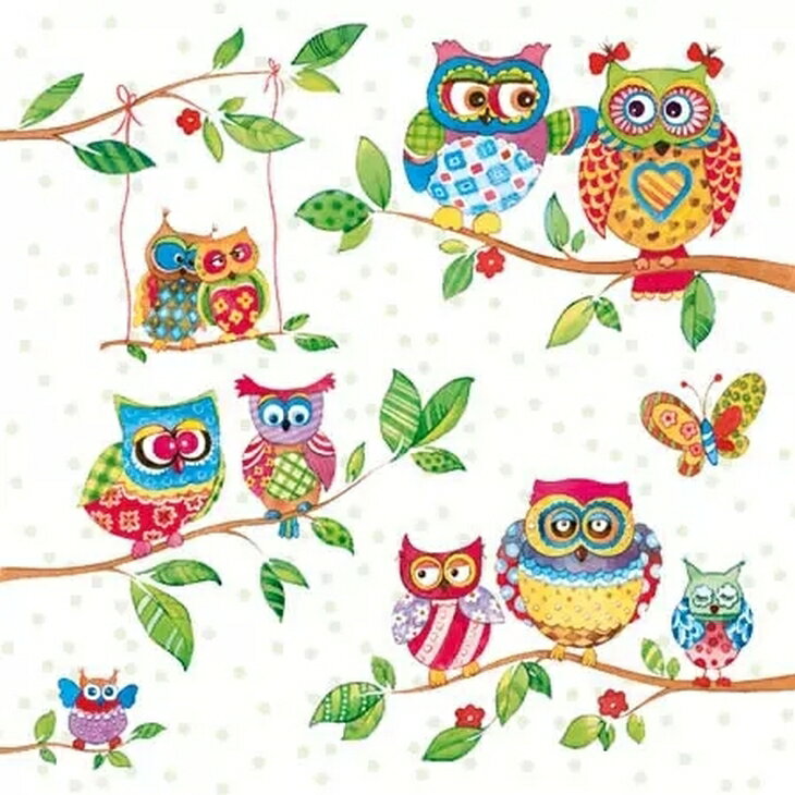 ★オランダ Ambiente 素敵な ペーパーナプキン デコパージュ☆カラフルなふくろう 親子☆(Owls In Summerland)（1枚/バラ売り）