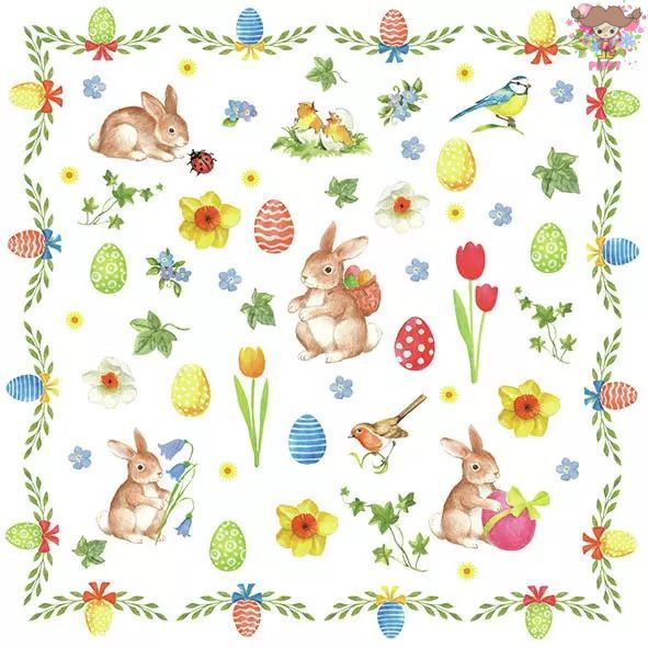 Ambiente ペーパーナプキン☆Easter collage☆（1枚/バラ売り） うさぎ ラビット 鳥 チューリップ 水仙 イースターエッグ フレーム イースターかわいい 素敵 お洒落 可憐 エレガント デコパージュ ハンドメイド