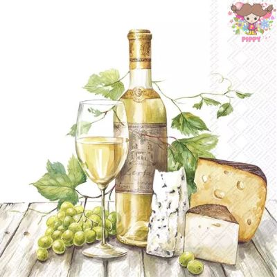 IHR ペーパーナプキン☆WHITE WINE TASTING☆（1枚/バラ売り）白ワイン チーズ ブドウ お酒 食べ物 フルーツ デコパージュ 可愛い 素敵 お洒落