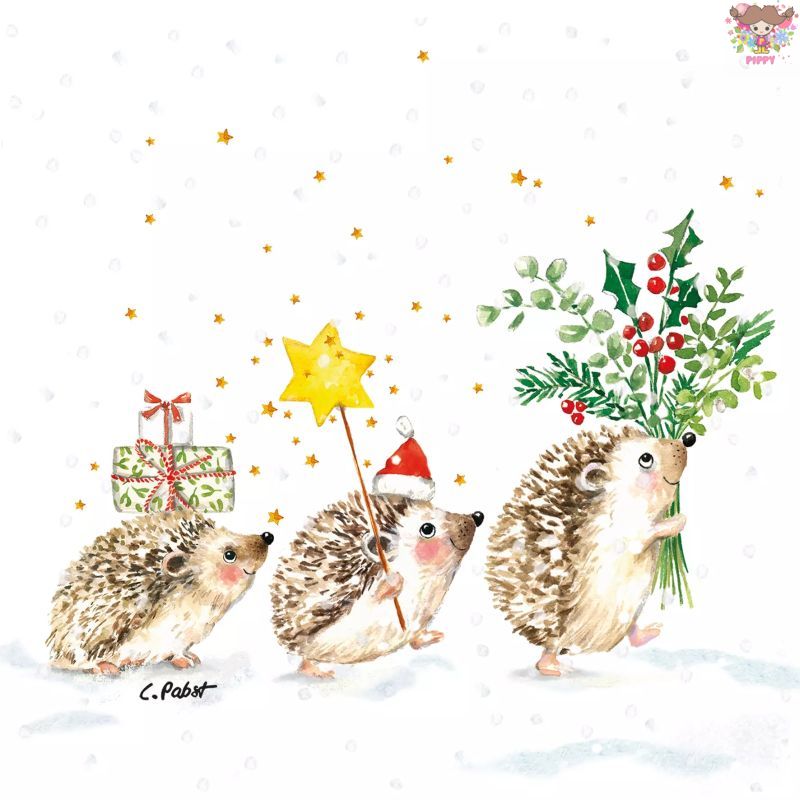 PPD ペーパーナプキン☆Christmas Hedgehogs☆（20枚入り）ハリネズミ はりねずみ ひいらぎ サンタ帽 帽子 星 ギフト 雪 クリスマス 動物 素敵 可愛い お洒落 デコパージュ