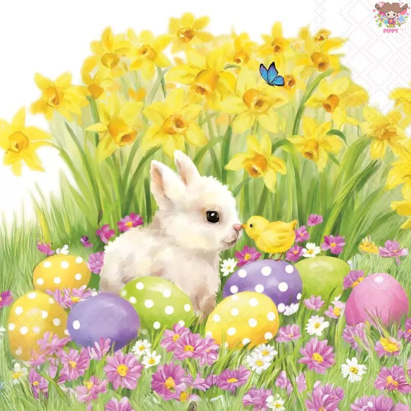 Rakuten - Ambiente ペーパーナプキン☆Easter friends☆（1枚/バラ売り） うさぎ ひよこ 蝶 イースターエッグ 水仙 花柄 イースターかわいい 素敵 お洒落 可憐 エレガント デコパージュ ハンドメイド