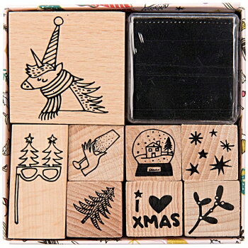 【在庫限り】ドイツ RICO DESIGN スタンプ5個入りセット☆ユニコーンのクリスマス スノードーム ツリー（STAMPSET MAGI CHRISTM FSC 100%）☆【宅配便のみ発送可】木製 プレゼント クラフト 雑貨 保育園 幼稚園 子供