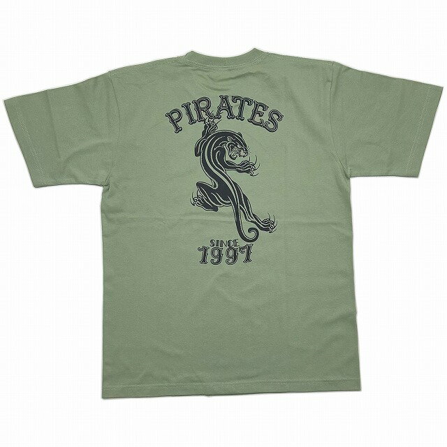 PIRATES ORIGINAL Tee Shirts "PANTHER" (ボディカラー:セージグリーン×プリントカラー:チャコール) 6.2oz 丸胴 コットンボディ Tシャツ "パンサー"