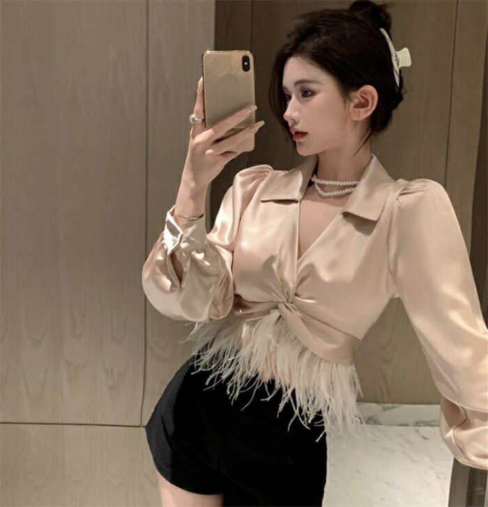 シルクタッチVネックシャツブラウス...