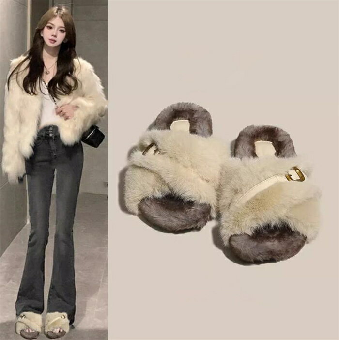 ファーサンダル レディース フェイクファーサンダル スリッパ ルームシューズ モコモコ サンダル フラットヒール 靴 ローヒール ふわふわ おしゃれ 大人 可愛い シンプル美脚 秋冬新作 送料無料