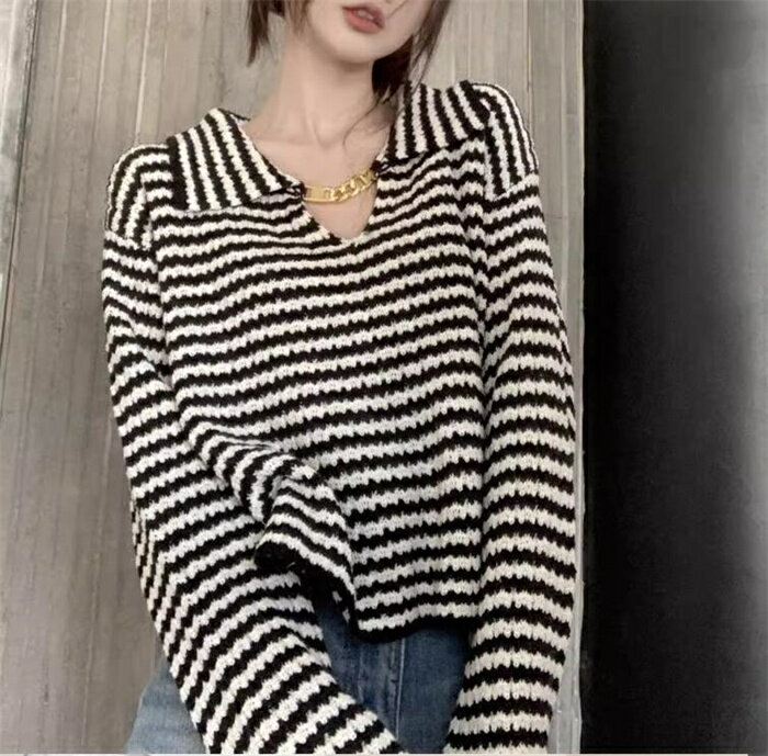 ニット レディース ストライプ 長袖 セーター 秋冬トップス ゆったり カジュアル ざっくりニット オーバーサイズ トップス ドロップショルダー あたたかい おしゃれ シンプル 可愛い セーター(4)